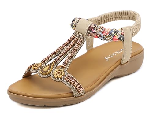 Meik Mangni Damen Sandalen Sommer Bohemian Flache Zehentrenner Strass Sandaletten Strand Schuhe Plattform Flip Flops C Beige Gr.36 von Meik Mangni