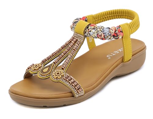 Meik Mangni Damen Sandalen Sommer Bohemian Flache Zehentrenner Strass Sandaletten Strand Schuhe Plattform Flip Flops C Gelb Gr.42 von Meik Mangni