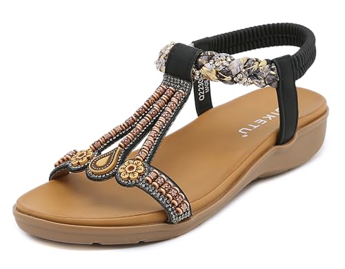 Meik Mangni Damen Sandalen Sommer Bohemian Flache Zehentrenner Strass Sandaletten Strand Schuhe Plattform Flip Flops C Schwarz Gr.38 von Meik Mangni