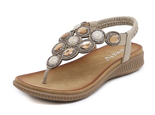 Meik Mangni Damen Sandalen Sommer Bohemian Flache Zehentrenner Strass Sandaletten Strand Schuhe Plattform Flip Flops D Beige Gr.38 von Meik Mangni