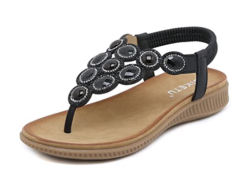 Meik Mangni Damen Sandalen Sommer Bohemian Flache Zehentrenner Strass Sandaletten Strand Schuhe Plattform Flip Flops D Schwarz Gr.40 von Meik Mangni