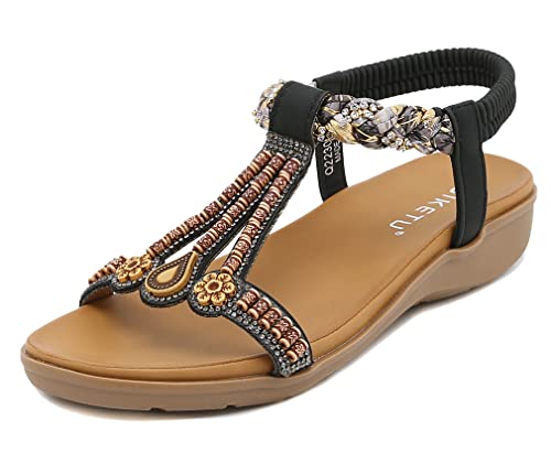 Meik Mangni Damen-Sandalen mit T-Riemen, böhmische Perlen, flache Sandalen, bequem, offener Zehenbereich, elastischer Knöchelriemen, Sandalen, Kleid, Sommer, Strandschuhe, Black-a Model, 39.5 EU von Meik Mangni