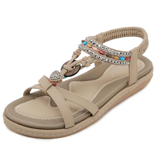 Meik Mangni Flache Sandalen Damen Sommer Bohemia Freizeit Sandals mit Strass Frauen T-Riemen Rutschfeste Strandsandaletten,Beige,Gr:42 EU von Meik Mangni