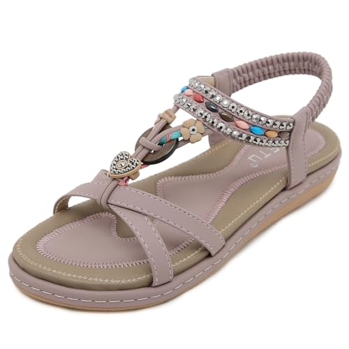 Meik Mangni Damen Sommer Sandalen mit Strass Perlen Frauen Bohemian Sandals T-Riemen Flache Sandalette Freizeit Strand Schuhe,Lila,Gr:36 EU von Meik Mangni