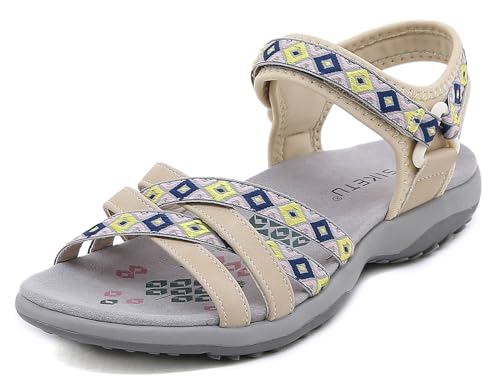 Meik Mangni Damen Sportsandale Rutschfeste Wandernsandalen Frauen Bequeme Slingback Sandale Sommer Cross-Tied Trekkingsandalen mit Bogenstütze Outdoor,Beige,Gr:36 EU von Meik Mangni