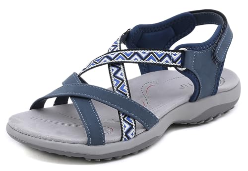 Meik Mangni Damen Sportsandale Rutschfeste Wandernsandalen Frauen Bequeme Slingback Sandale Sommer Cross-Tied Trekkingsandalen mit Bogenstütze Outdoor,Blau,Gr:37 EU von Meik Mangni