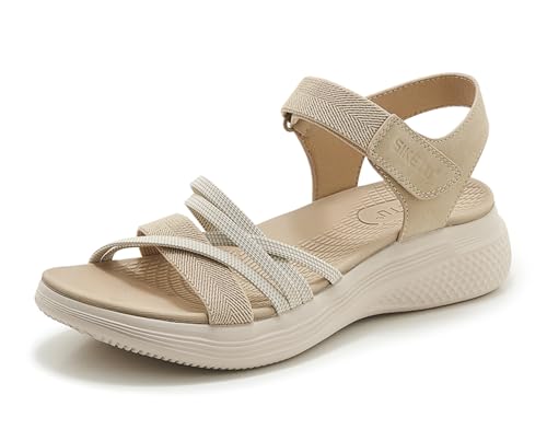 Meik Mangni Damen Trekking Sandalen Sommer Wandersandalen Bequeme Plateau Sandaletten Rutschfeste Sportsandalen flache flache Beige Gr.35 EU von Meik Mangni