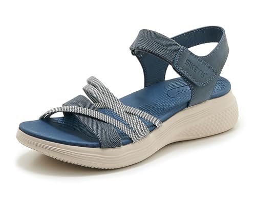 Meik Mangni Damen Trekking Sandalen Sommer Wandersandalen Bequeme Plateau Sandaletten Rutschfeste Sportsandalen flache flache Blau Gr.39 EU von Meik Mangni