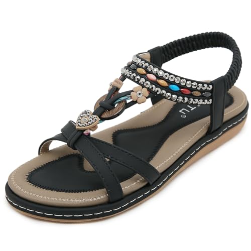 Meik Mangni Flache Sandalen Damen Sommer Bohemia Freizeit Sandals mit Strass Frauen T-Riemen Rutschfeste Strandsandaletten,Schwarz,Gr:42 EU von Meik Mangni