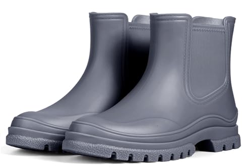 Meik Mangni Kurze Gummistiefel Damen Regenstiefel Wasserdicht Stiefeletten Chelsea Boots Mode Garten Stiefel mit Rutschfest Sohle,Grau, Gr:37 EU von Meik Mangni