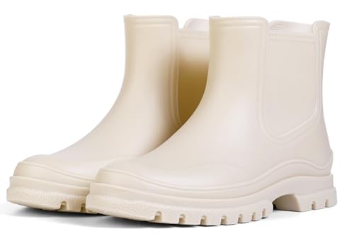 Meik Mangni Kurze Gummistiefel Damen Regenstiefel Wasserdicht Stiefeletten Chelsea Boots Mode Garten Stiefel mit Rutschfest Sohle,Khaki, Gr:41 EU von Meik Mangni