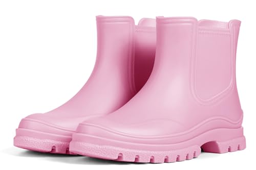 Meik Mangni Kurze Gummistiefel Damen Regenstiefel Wasserdicht Stiefeletten Chelsea Boots Mode Garten Stiefel mit Rutschfest Sohle,Rosa, Gr:37 EU von Meik Mangni