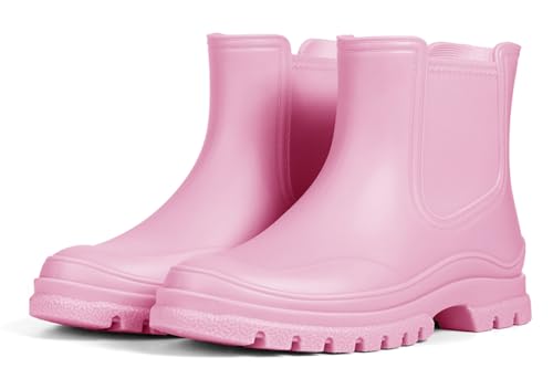Meik Mangni Gummistiefel Damen Kurze Regenstiefel Wasserdicht Stiefeletten Chelsea Stiefel Mode Gartenschuhe mit Rutschfest Sohle,Rosa,Gr:37 EU von Meik Mangni