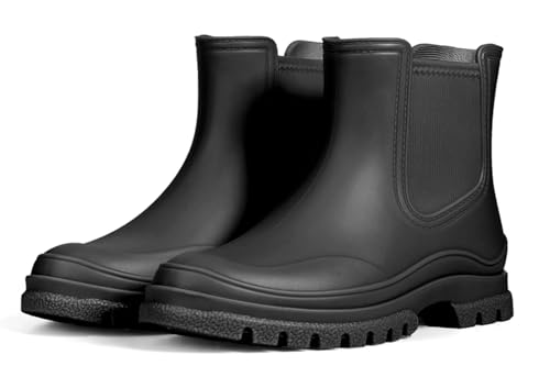 Meik Mangni Kurze Gummistiefel Damen Regenstiefel Wasserdicht Stiefeletten Chelsea Boots Mode Garten Stiefel mit Rutschfest Sohle,Schwarz, Gr:36 EU von Meik Mangni