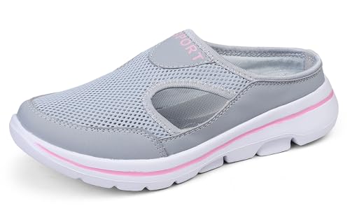 Meik Mangni Hausschuhe Damen Herren Clogs Leichte Pantoffeln atmungsaktive Pantoletten Mules rutschfest Gartenschuhe Sabots Outdoor Indoor Grau Pink Gr.36 EU von Meik Mangni