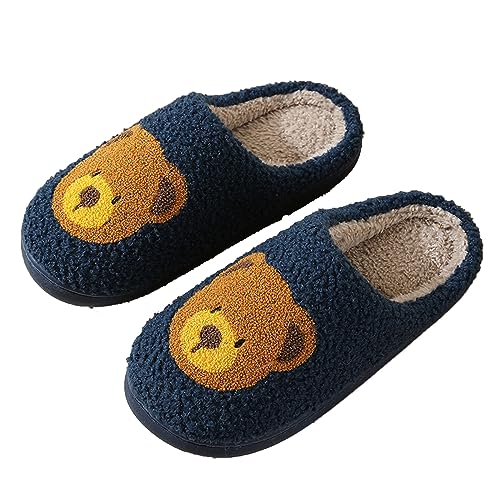 Meik Mangni Hausschuhe Damen Herren Winter Tiere Wärme Erwachsene Memory Schaum Hausschuhe Cartoon Bär Flauschige Schlüpfen Liebespaar Pantoffeln Weiche rutschfest Slippers,Dunkelblau,Gr.41/42 von Meik Mangni