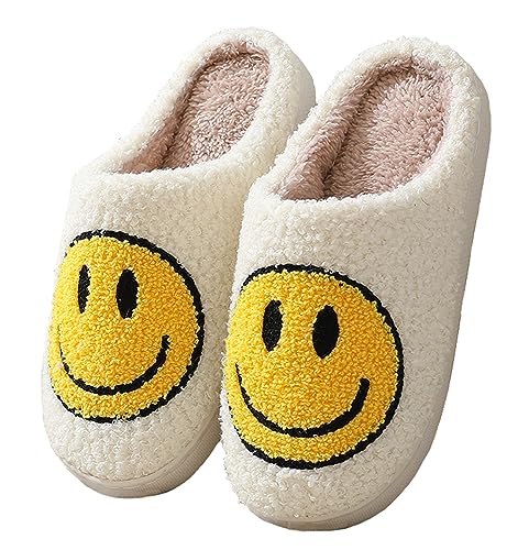 Meik Mangni Hausschuhe mit Fröhliches Gesicht Damen Herren Weicher Plüsch Hausschuhe Frauen Bequeme Warme Pantoffeln Trendiger Slipper,Gelb Gr.34-35 EU/Sohlengröße 36-37 von Meik Mangni