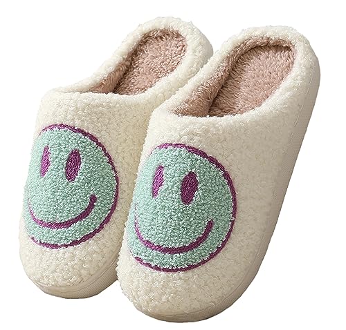 Meik Mangni Hausschuhe mit Fröhliches Gesicht Damen Herren Weicher Plüsch Hausschuhe Frauen Warme Pantoffeln,Grün Gr.36-37 EU/Sohlengröße 38-39 von Meik Mangni