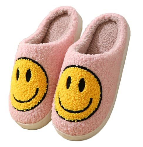 Meik Mangni Hausschuhe mit Fröhliches Gesicht Damen Herren Weicher Plüsch Hausschuhe Frauen Warme Pantoffeln,Rosa Obermaterial Gr.38-39EU/Sohlengröße 40-41 von Meik Mangni