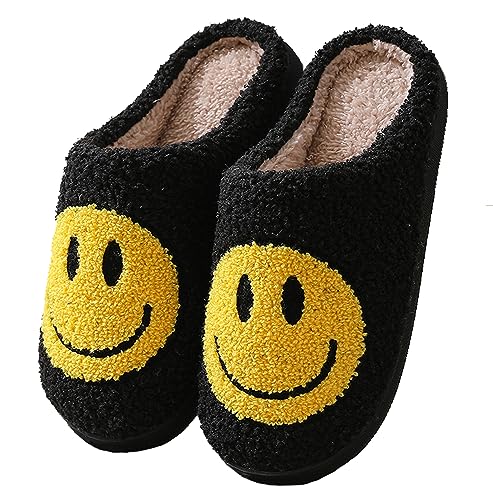 Meik Mangni Hausschuhe mit Fröhliches Gesicht Damen Herren Weicher Plüsch Hausschuhe Frauen Warme Pantoffeln,Schwarz Gr.36-37 EU/Sohlengröße 38-39 von Meik Mangni