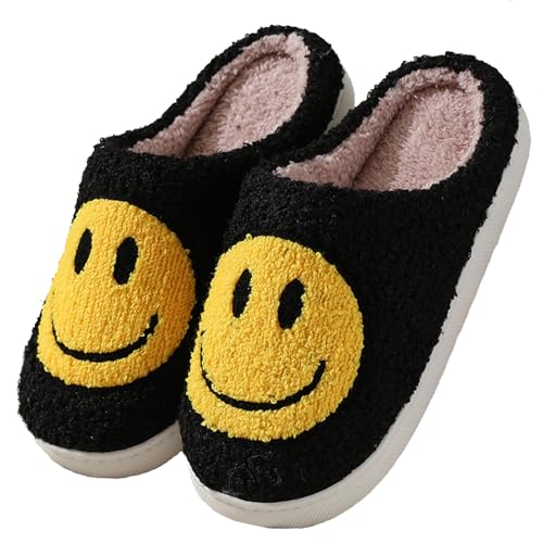 Meik Mangni Hausschuhe mit Fröhliches Gesicht Damen Herren Weicher Plüsch Hausschuhe Frauen Bequeme Warme Pantoffeln Trendiger Slipper,schwarz weiß Gr.40-41 EU/Sohlengröße 42-43 von Meik Mangni