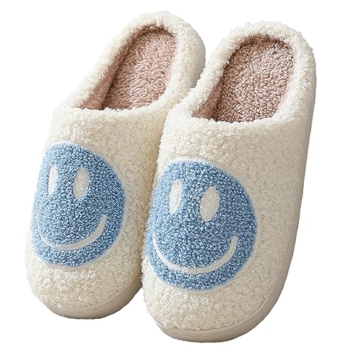Meik Mangni Hausschuhe mit Fröhliches Gesicht Damen Herren Weicher Plüsch Hausschuhe Frauen Warme Pantoffeln,Blau Gr.44-45 EU/Sohlengröße 46-47 von Meik Mangni