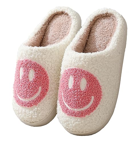 Meik Mangni Hausschuhe mit Fröhliches Gesicht Damen Herren Weicher Plüsch Hausschuhe Frauen Bequeme Warme Pantoffeln Trendiger Slipper,Rosa Gr.35-36 EU/Sohlengröße 36-37 von Meik Mangni