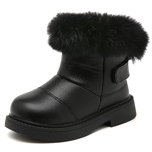 Meik Mangni Winterschuhe Mädchen Warm Gefütterte Schneestiefel Baby Kinder wasserdichte Winterstiefe PU-Leder Kleinkindschuhe Weichsohlen Schlupfstiefel,Schwarz,Gr.23 von Meik Mangni