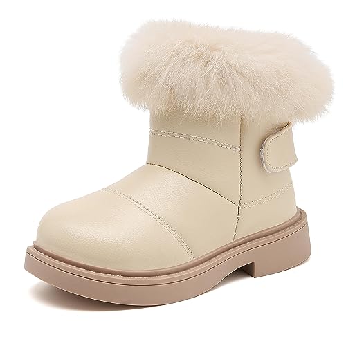 Meik Mangni Winterschuhe Mädchen Warm Gefütterte Schneestiefel Baby Kinder wasserdichte Winterstiefe PU-Leder Kleinkindschuhe Weichsohlen Schlupfstiefel,Weiß,Gr.29 von Meik Mangni