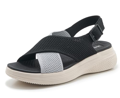 Meik Mangni Damen Sandalen Sommer Sandaletten Keilsandalen,Schwarz,Gr.40 EU von Meik Mangni