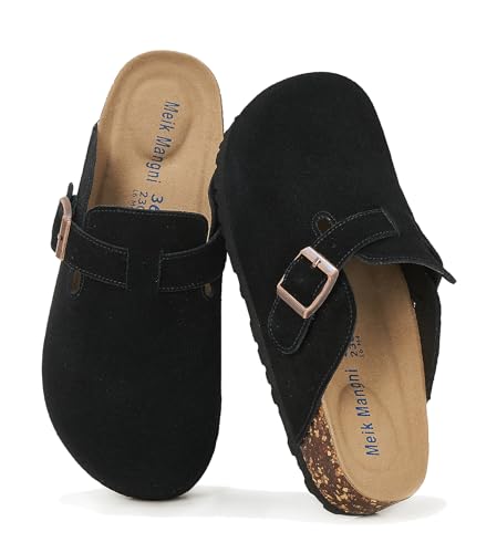 Meik Mangni Wildleder Clogs für Damen Herren Komfort Kartoffel Schuhe mit Arch Support Frauen aus Leder rutschfest Pantoletten mit Weiches Kork Fußbett,Schwarz,Gr.36 EU von Meik Mangni