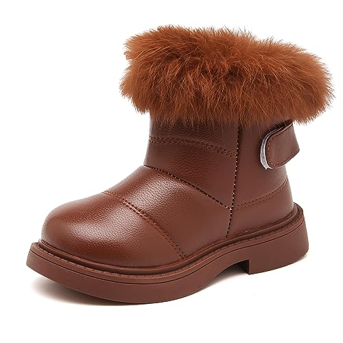 Meik Mangni Winterschuhe Mädchen Warm Gefütterte Schneestiefel Baby Kinder wasserdichte Winterstiefe PU-Leder Kleinkindschuhe Weichsohlen Schlupfstiefel,Rotbraun,Gr.25 von Meik Mangni