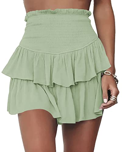 Meikulo Damen Minirock mit gesmokten Rüschen, Sommer, hohe Taille, gestuft, kurzer Rock mit Shorts darunter, A-light Grün, X-Klein von Meikulo