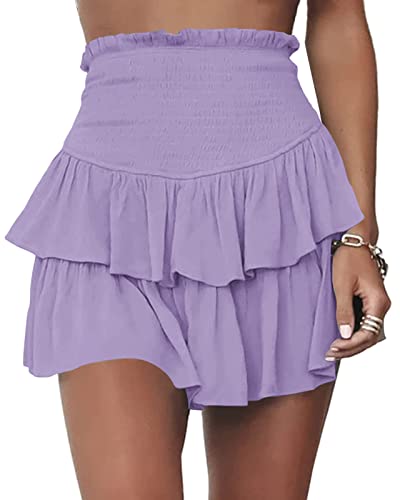 Meikulo Frauen Gesmokte Rüschen Mini Röcke Sommer Hohe Taille Tiered Kurzer Rock mit Shorts Darunter, A-light Purple, X-Klein von Meikulo