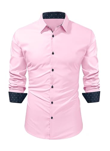 Meilicloth Businesshemd Herren Hemd Langarm Freizeithemd Herrenhemden Frackhemden Casual Regular Fit Klassischer Hemden Kragen Button Down Party Prom Konzert Kleid Modische Hemden Rosa L von Meilicloth