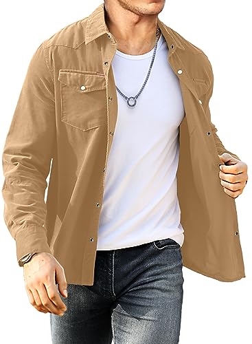 Meilicloth Cord Hemd Herren Hemdjacke Hemden Langarm Button Placke Langarm Regular Fit Casual Khaki 2XL von Meilicloth