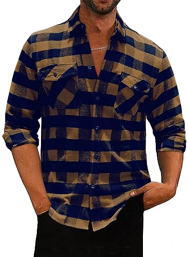 Meilicloth Flanellhemd Kariert Herren Kariertes Freizeithemd Langarm Casual Western Button Down mit Fronttasche Regular Fit Braun Schwarz XXL von Meilicloth