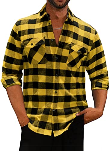 Meilicloth Flanellhemd Kariert Herren Kariertes Freizeithemd Langarm Casual Western Button Down mit Fronttasche Regular Fit Gelb Schwarz XL von Meilicloth