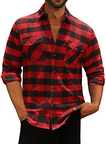 Meilicloth Flanellhemd Kariert Herren Kariertes Freizeithemd Langarm Casual Western Button Down mit Fronttasche Regular Fit Rot Schwarz M von Meilicloth