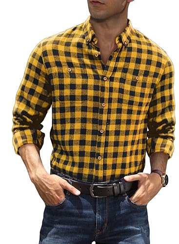 Meilicloth Trachtenhemd Herren Flanellhemd Kariertes Hemd Langarm Freizeithemd Oktoberfest Hemd Baumwolle Holzfällerhemd Herren Shirt Button Down Arbeitshemd Regular Fit Gelb M von Meilicloth