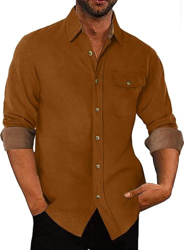Meilicloth Flanellhemd Herren Kariert Einfarbig Baumwolle Langarm Casual Flanellhemden Western Karohemd Mit Brusttasche Regular Fit Braun XL von Meilicloth