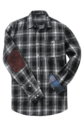 Meilicloth Flanellhemd Kariert Herren Freizeithemd Langarm Casual Button Down Western mit Fronttasche und Ellenbogen Flicken Regular Fit Schwarz M von Meilicloth