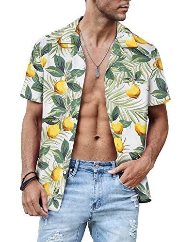 Meilicloth Hawaii Hemd Männer Funky Hawaiihemd Herren Kurzarm Flamingos Sommerhemd Aloha Strand Floral Blumen Obst Muster Weiß Zitrone L von Meilicloth