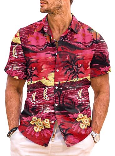 Meilicloth Hawaii Hemd Männer Funky Hawaiihemd Herren Kurzarm Flamingos Sommerhemd Aloha Strand Floral Blumen Obst Muster Rot Strand M von Meilicloth