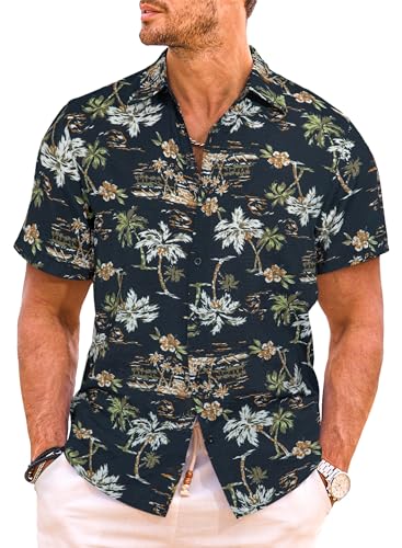 Meilicloth Hawaii Hemd Männer Funky Hawaiihemd Herren Kurzarm Flamingos Sommerhemd Aloha Strand Floral Blumen Obst Muster Schwarzes Kokosnussbaum XL von Meilicloth