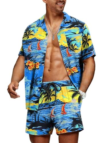 Meilicloth Hawaii Hemd Männer Hawaiihemd Herren Set Flamingo Blumenmuster Floral Kurzarm Sommer Shorts Herren Kurze Hose Herren Blau - Strand L von Meilicloth