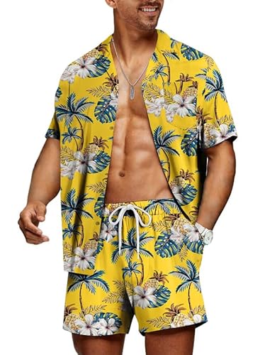 Meilicloth Hawaii Hemd Männer Hawaiihemd Herren Set Flamingo Blumenmuster Floral Kurzarm Sommer Shorts Herren Kurze Hose Herren Gelb L von Meilicloth