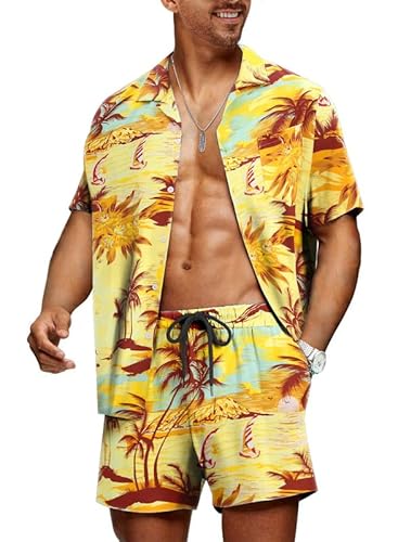 Meilicloth Hawaii Hemd Männer Hawaiihemd Herren Set Flamingo Blumenmuster Floral Kurzarm Sommer Shorts Herren Kurze Hose Herren Gelb - Strand L von Meilicloth