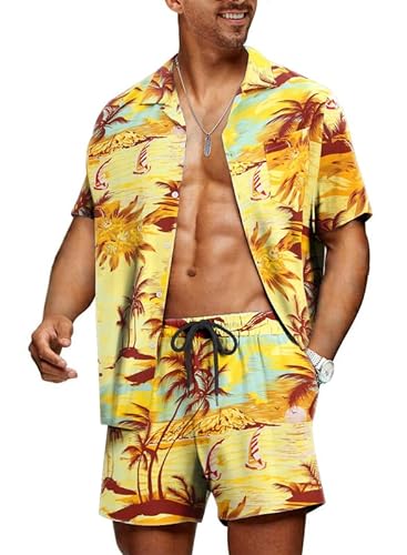 Meilicloth Hawaii Hemd Männer Hawaiihemd Herren Set Flamingo Blumenmuster Floral Kurzarm Sommer Shorts Herren Kurze Hose Herren Gelb - Strand M von Meilicloth