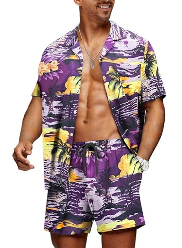 Meilicloth Hawaii Hemd Männer Hawaiihemd Herren Set Flamingo Blumenmuster Floral Kurzarm Sommer Shorts Herren Kurze Hose Herren Lila - Strand L von Meilicloth